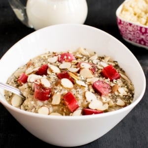 A front view of Rhubarb Quinoa Breakfast Bowl