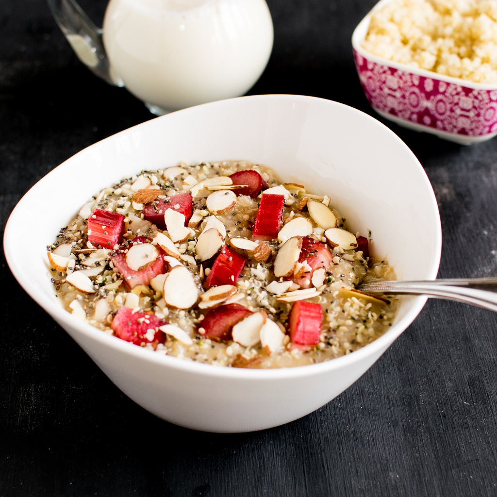  A 45 degree angle view of Rhubarb Quinoa Breakfast Bowl 