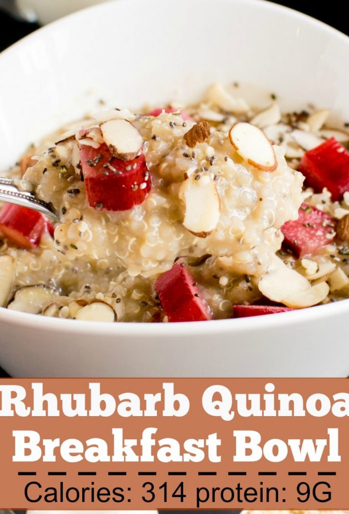 A spoon scooping out Rhubarb Quinoa Breakfast Bowl