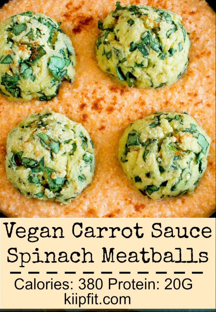 A close up view of Vegan Spinach Meatballs in Spicy Carrot Sauce 