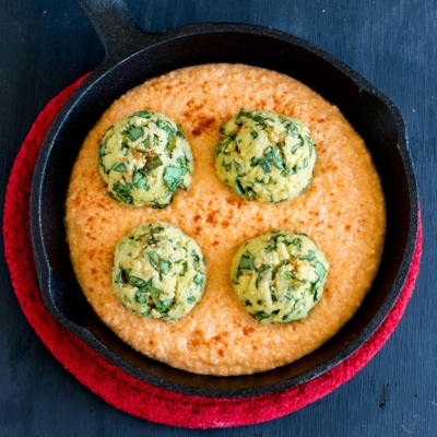 Top view of Vegan Spinach Meatballs in Spicy Carrot Sauce