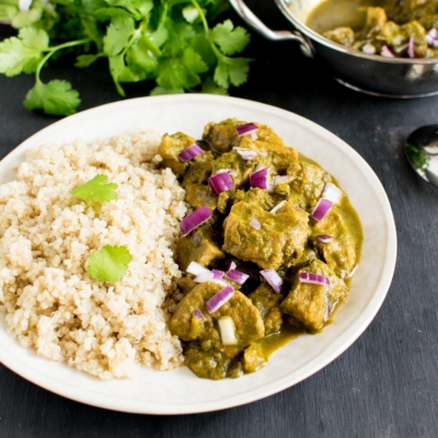 A 45 degree angle view of Vegan Seitan Cilantro Masala