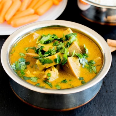 A 45 degree angle view of Vegan Jackfruit Turmeric Masala Curry
