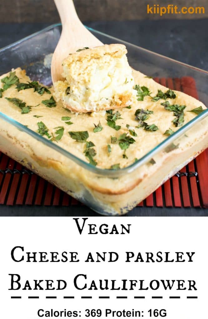 A front view of Vegan Cheese and Parsley Baked Cauliflower