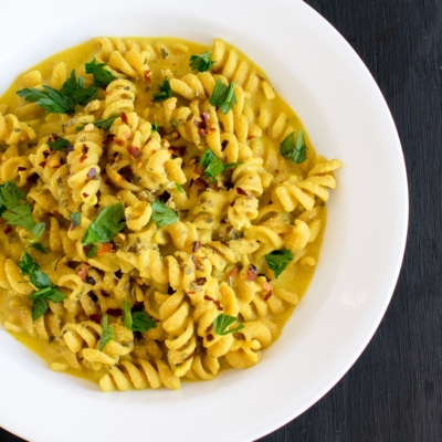 A top view of Creamy Coconut Pasta