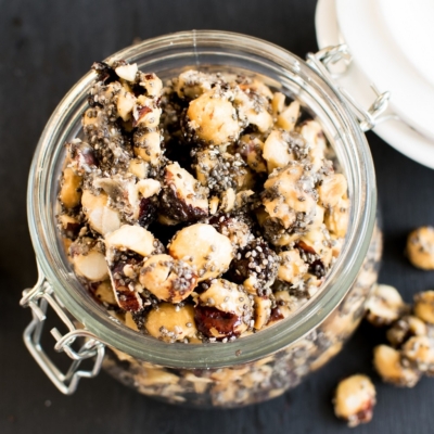 A top view of the jar filled with Maple Glazed Hazelnut Chia Snack