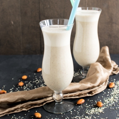 a front view of almond butter hemp smoothie