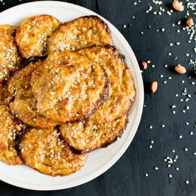 A top view of Flourless Peanut Butter Hemp Cookie Pancakes