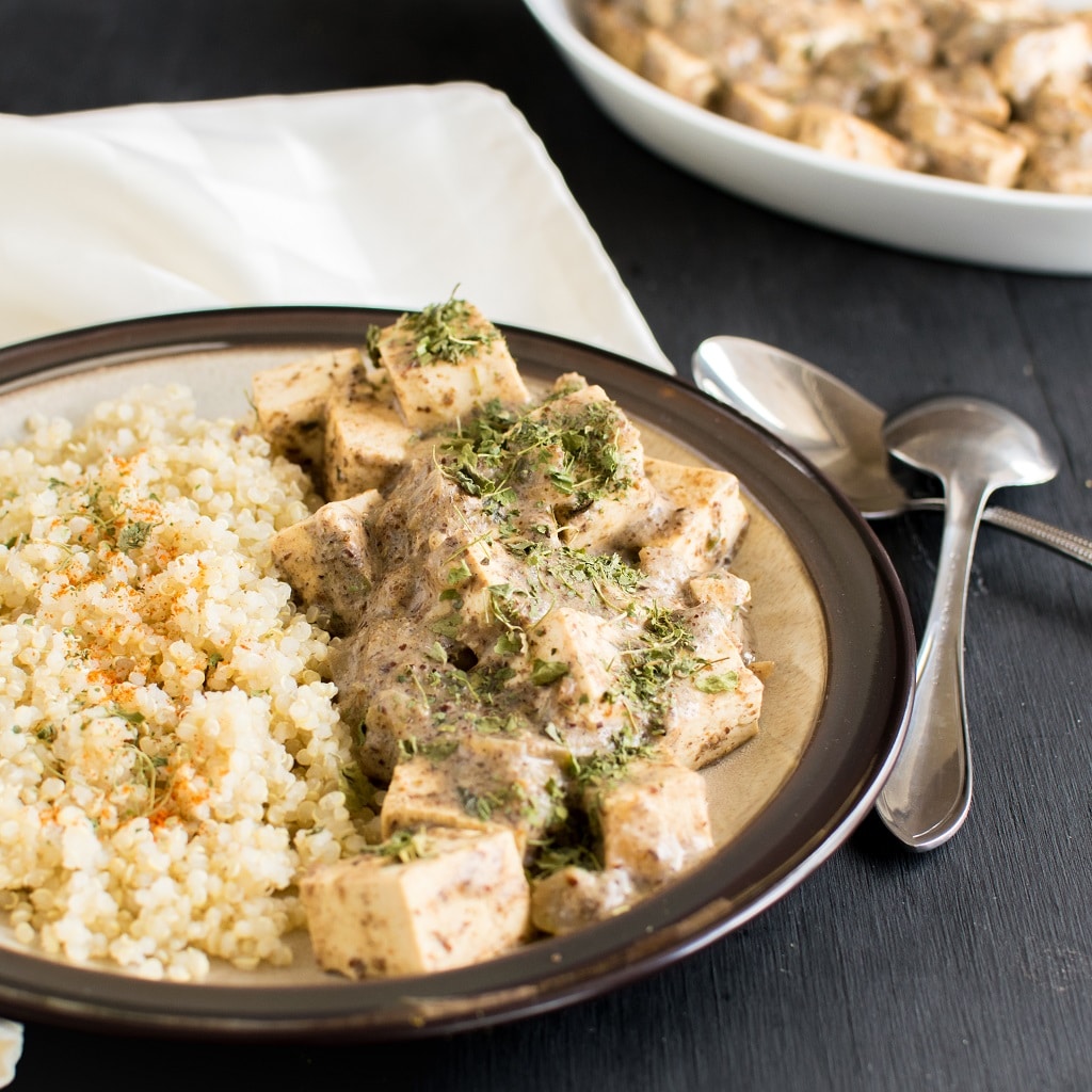 a 45 degree angle view of nut free tofu flax curry