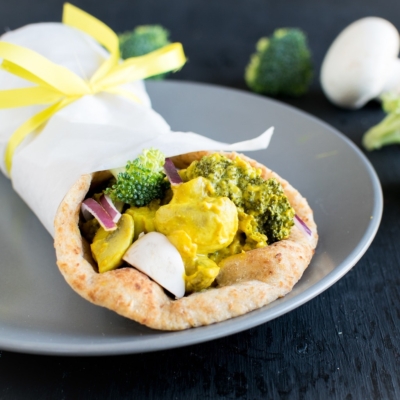 A side angle view of Tandoori Broccoli Mushroom Wrap