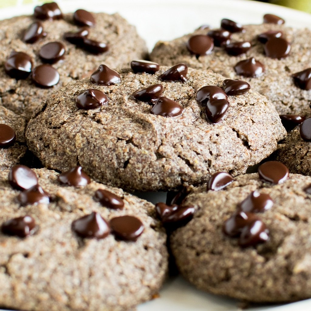a close up view of buckwheat chocolate chip cookies. 