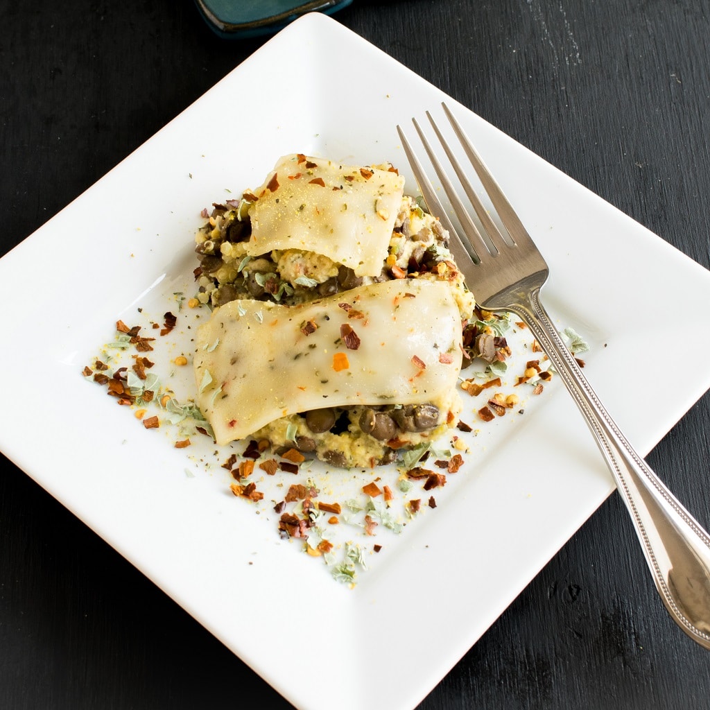 A close up view of Cheesy Lentil Quinoa Vegan Casserole 