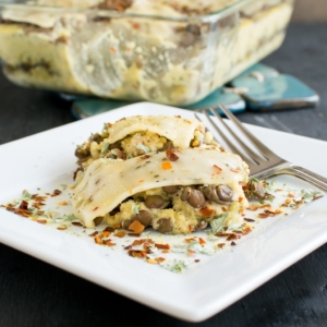 Cheesy Lentil Quinoa Vegan Casserole in a serving plate