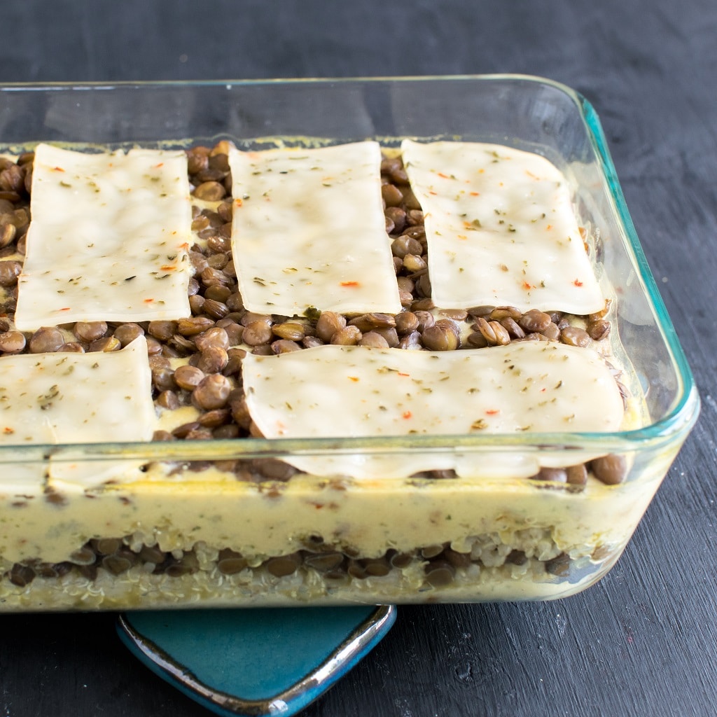 Layered Cheesy Lentil Quinoa Vegan Casserole