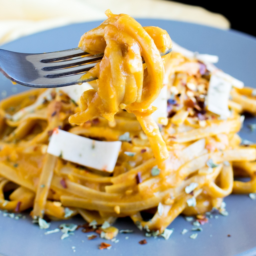 A fork folded with pasta and shown to be picking it up