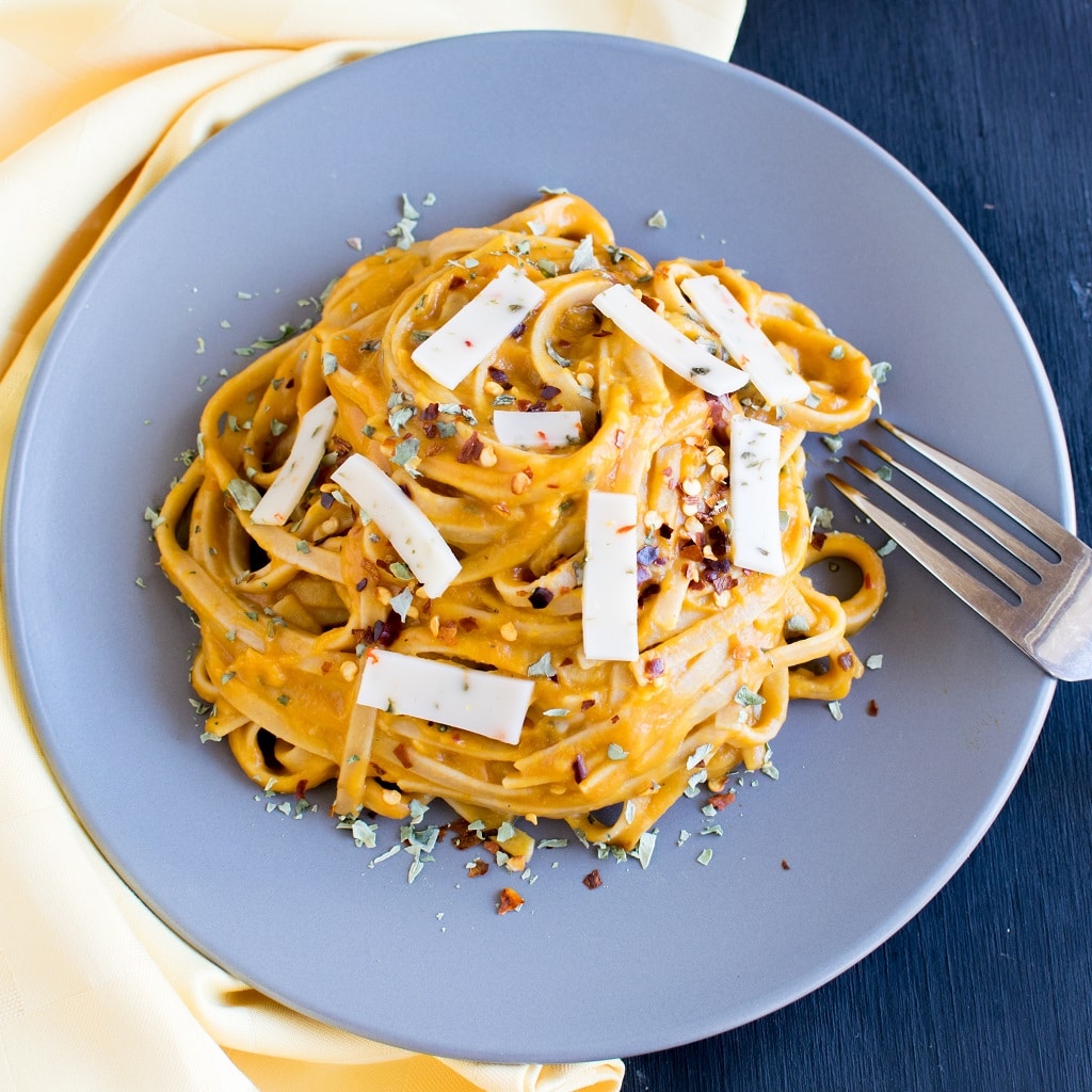 Top view of Vegan Pepper Jack Pumpkin Fettuccine in a serving plate