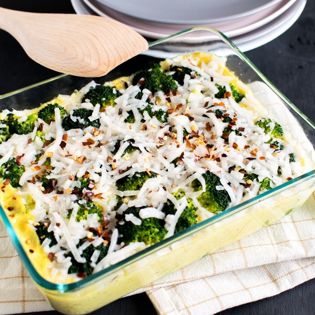 A 45 degree angle view of Baked Cheese Broccoli Vegan Casserole 