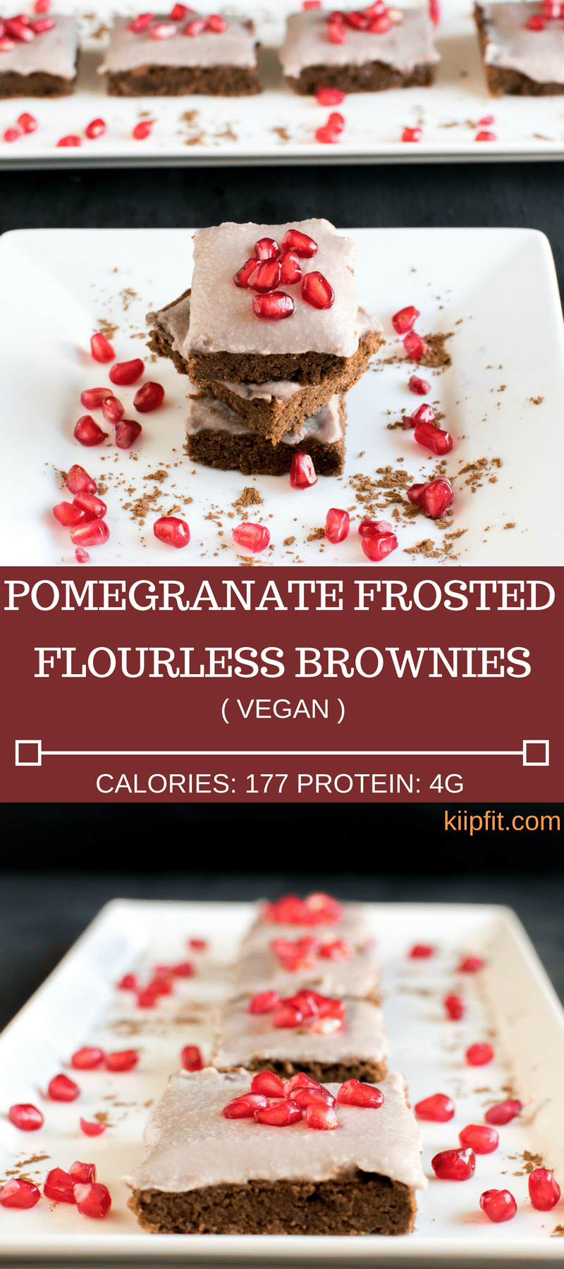 Pomegranate Frosted Flourless Brownies made with loads of love and care is packed with deliciousness. The chewy texture of this flourless brownies and freshly prepared pomegranate frosting is simply outstanding. Once you bite on it I bet you cannot stop until you finish the entire batch. The combination of chocolate and fresh pomegranate kernels in itself is mind boggling. The flavors tantalize the taste buds with immense pleasure and satisfaction [ vegan + paleo + gf ] kiipfit.com