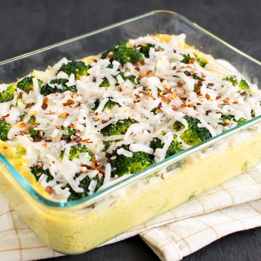 A close up view of Baked Cheese Broccoli Vegan Casserole