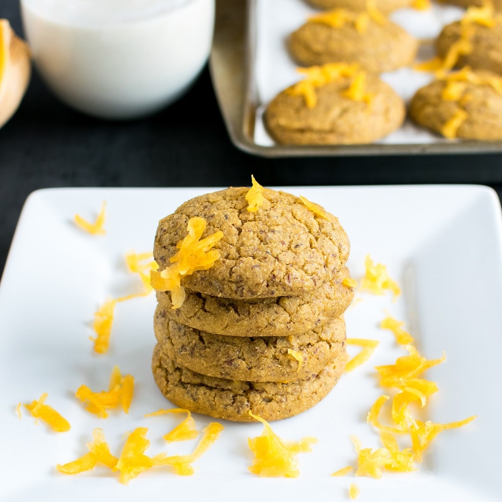 a 45 degree angle view of stacked butternut squash barley vegan cookies