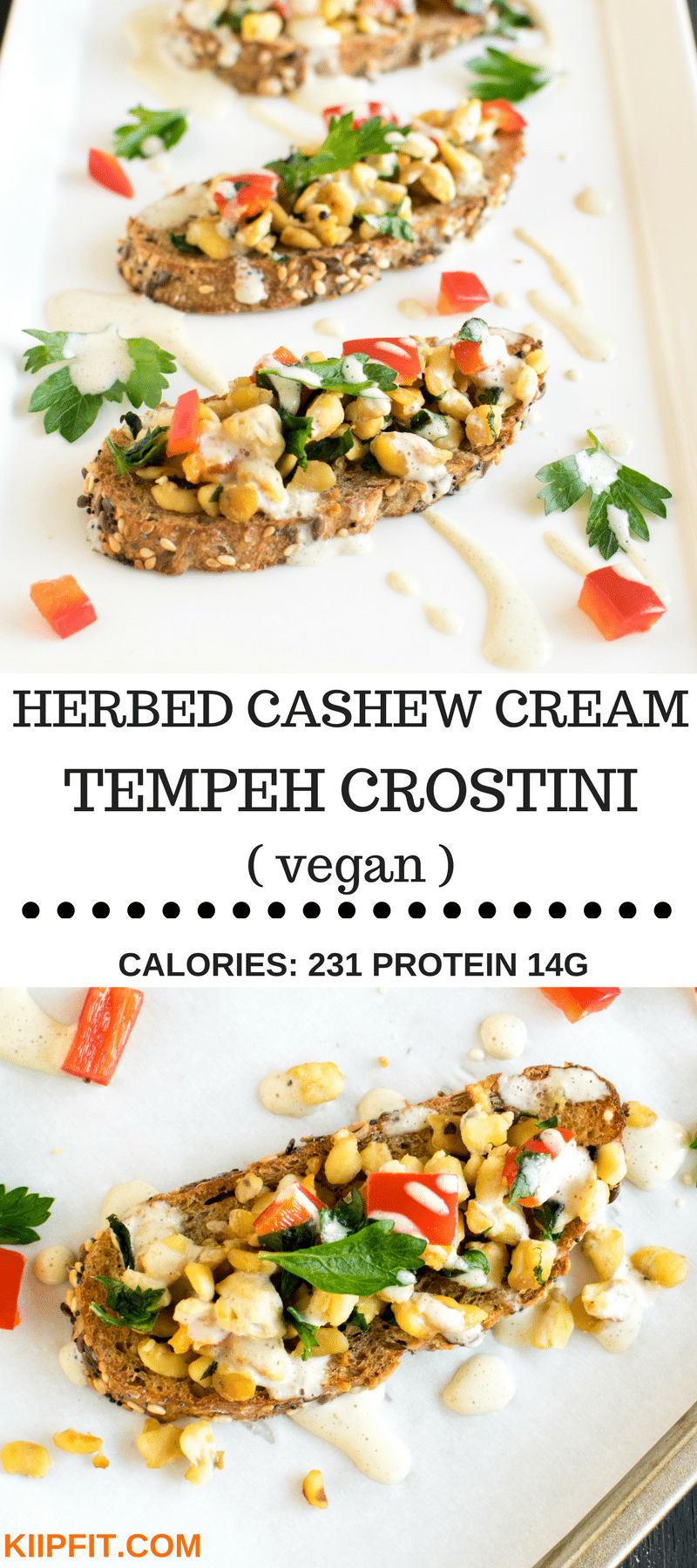 Herbed Cashew Cream Tempeh Crostini is not only healthy but is packed with flavor and outstanding taste. It’s very easy to make and is a perfect party appetizer. With Thanksgiving and Christmas approaching this appetizer is definitely a winner. The delicious blend of herbs along with raw cashew nuts drizzled over tempeh crostini is to die for [ vegan ] kiipfit.com