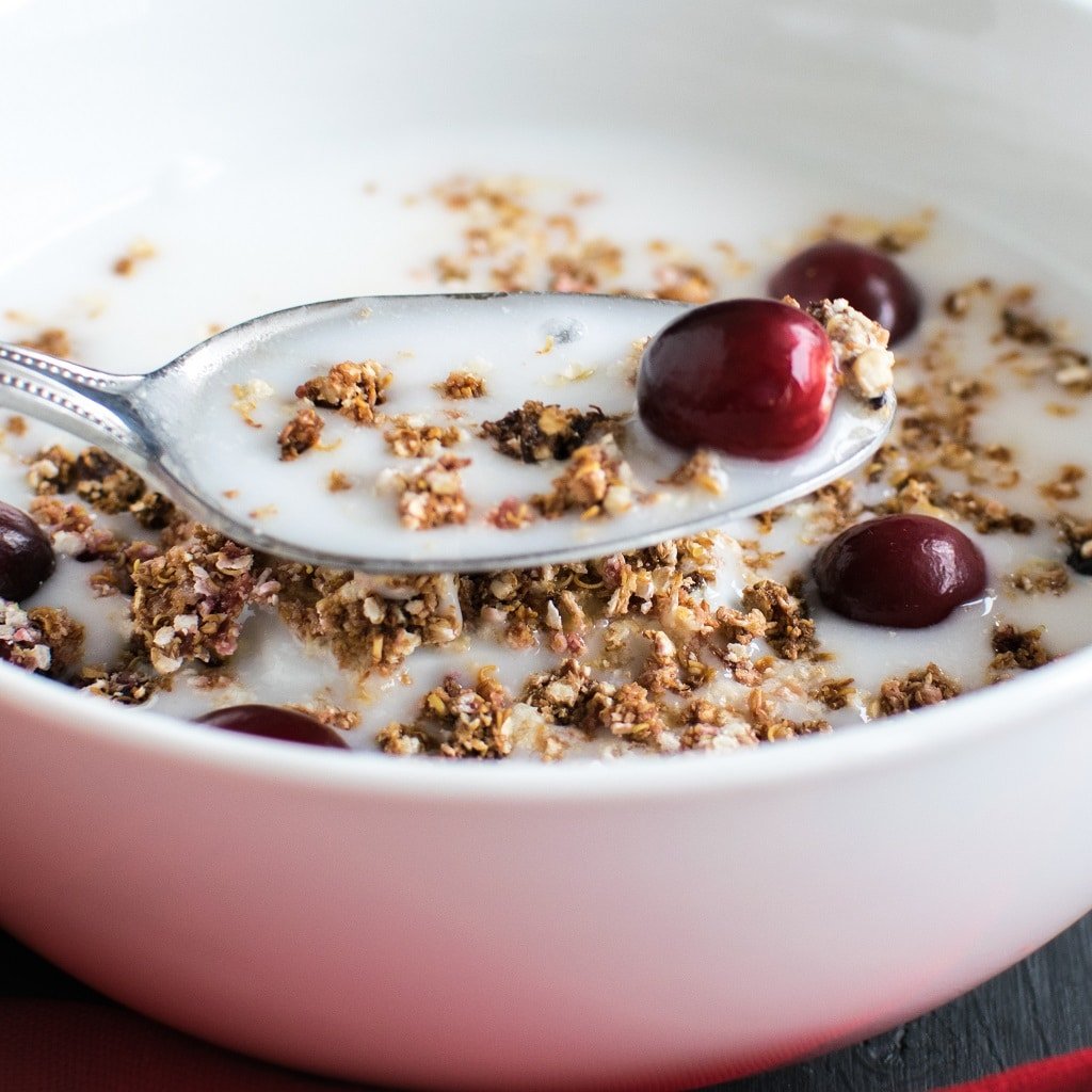 5 ingredient cranberry quinoa granola is shown in a white breakfast bowl filled with milk. A spoon is displayed in action to be eaten. 
