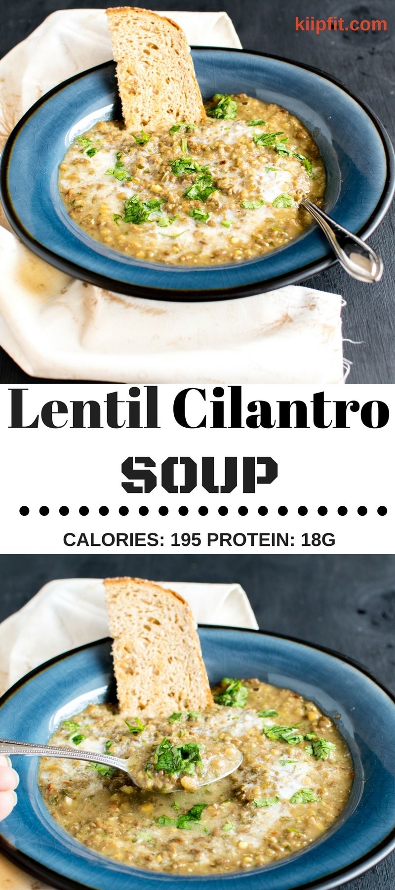Lentil Cilantro Soup This soup is  loaded with protein, good fats, good carbohydrates and lots of vitamins and minerals. This soup is excellent if you are following high protein and low carb diet with no added sugar. The herbs in this soup provide many medicinal benefits along with lots of deliciousness. Lentil Cilantro Soup is definitely a mouthwatering meal that gets ready in only 30 minutes and is made with super simple ingredients [ vegan + gf ] kiipfit.com