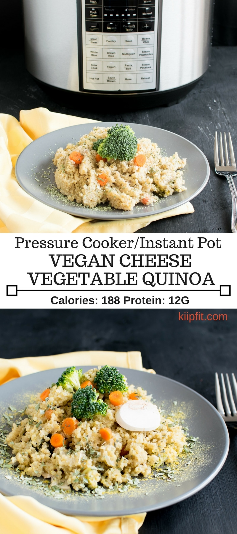 Pressure Cooker Vegan Cheese Vegetable Quinoa is a wholesome, cheesy yet nutritious one dish meal that’s perfect for lunch or dinner. Also its super easy to cook without much hassle | kiipfit.com