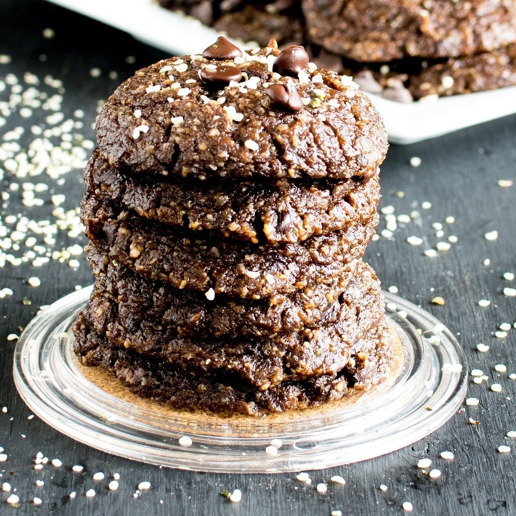A front view of the stack of Chocolate Cauliflower Protein Cookies 