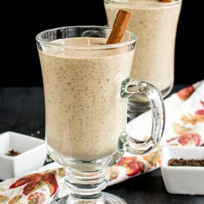front view of served high protein chai smoothie.