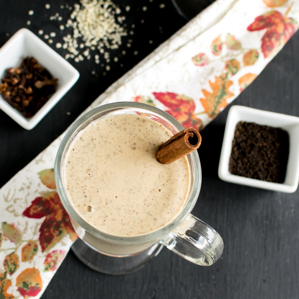 top view of chai smoothie in a serving glass. 