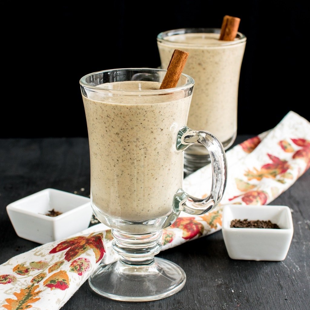 front view of served high protein chai smoothie.