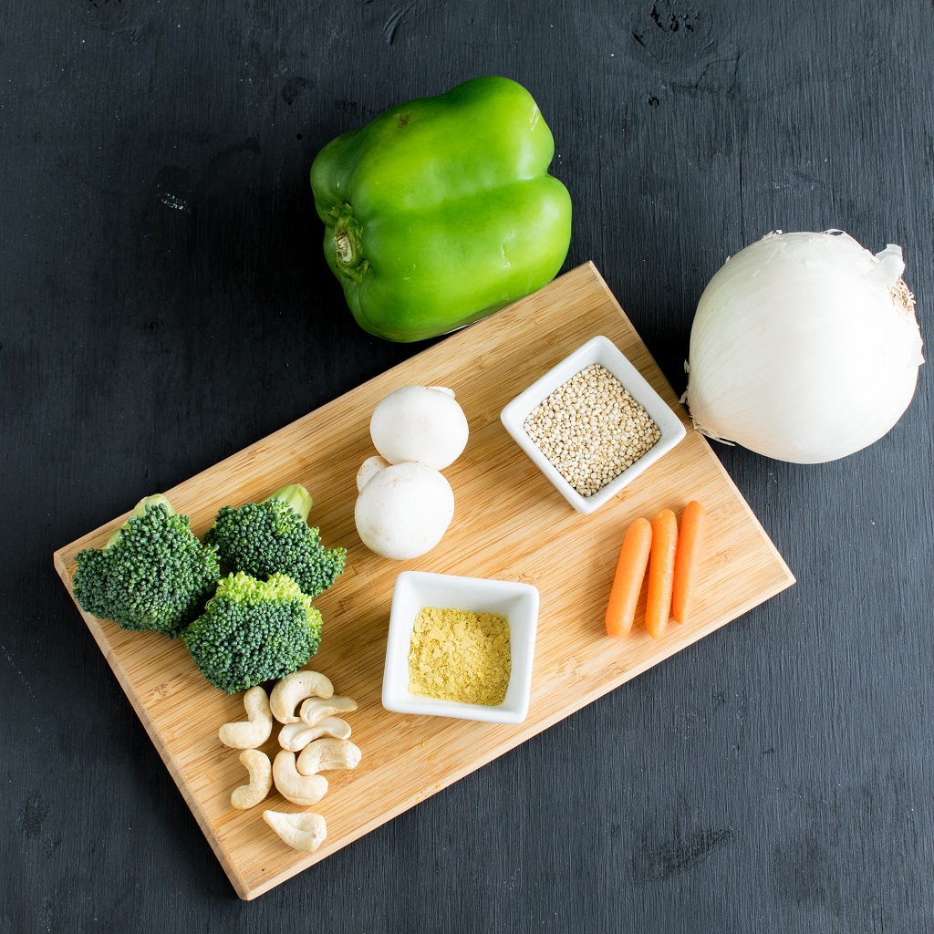 The top view of the raw ingredients of Pressure Cooker Vegan Cheese Vegetable Quinoa are shown in this image | kiipfit.com