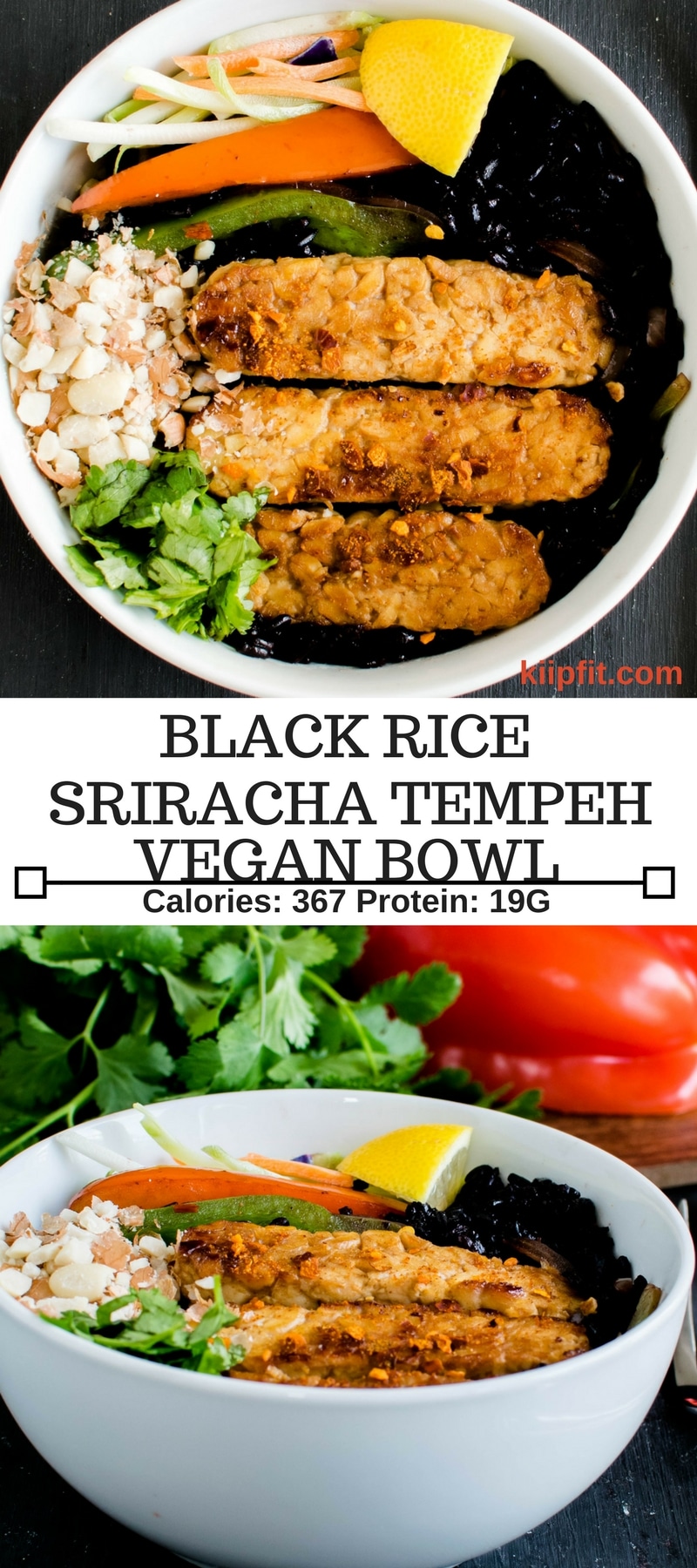 Black Rice Sriracha Tempeh Bowl is a vegan and gluten free meal for any week nights. It’s a wholesome delectable meal loaded with antioxidant and protein. It is high in fiber and is a medley of Asian flavors [ vegan + GF ] kiipfit.com