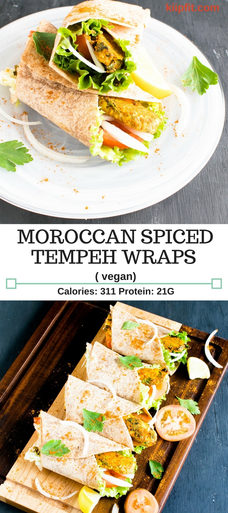 Moroccan Spiced Tempeh Wraps are savory, spicy and easy meal. These vegan wraps are wholesome, hearty and filling with high content of protein + fiber. It’s great for lazy weeknight dinners. The leftovers satisfy perfectly for lunch the next day [ Vegan + GF ] kiipfit.com