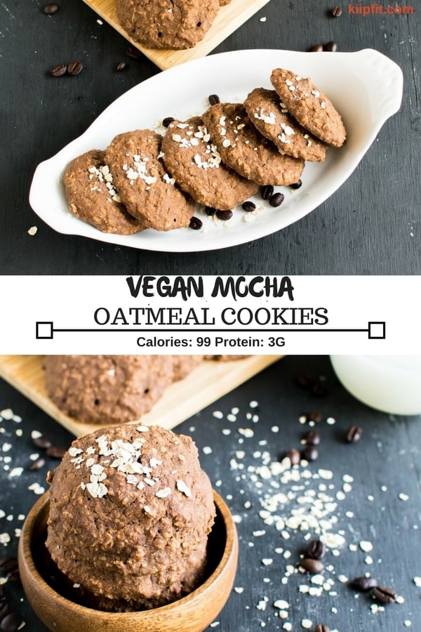 Multiple images of Vegan Mocha Oatmeal Cookies with its title and nutritional information is shown