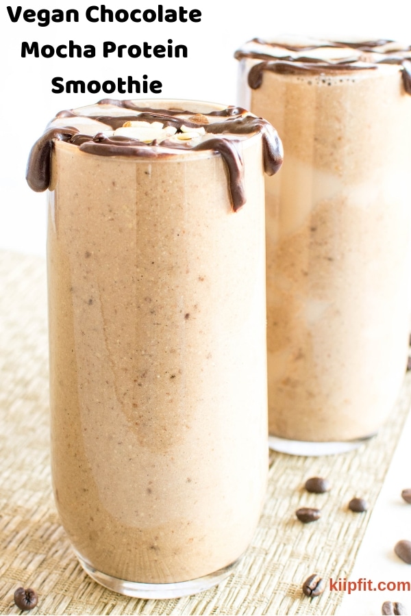 tall glasses filled with vegan chocolate mocha protein smoothie.