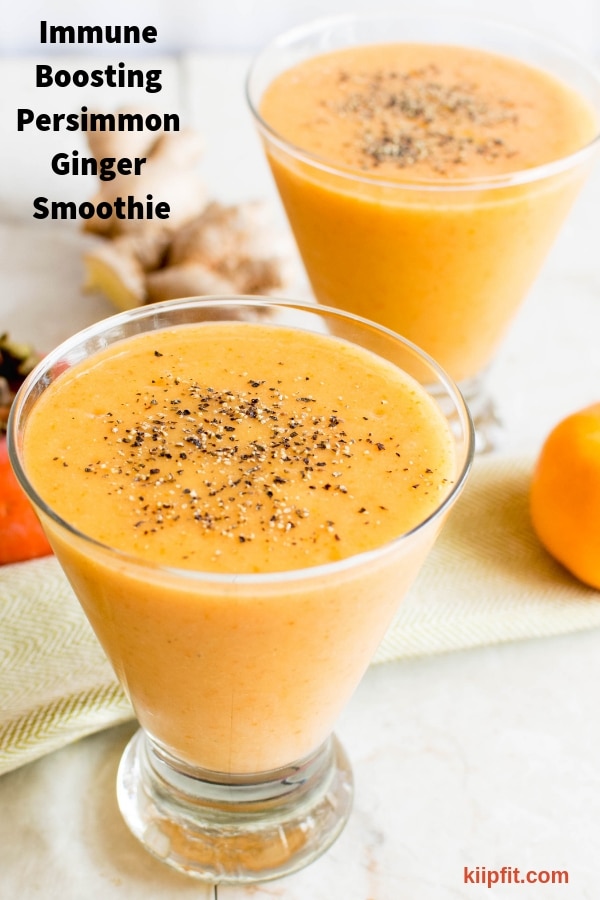 Immune Boosting Persimmon Ginger Smoothie is loaded with Vitamin C, antioxidants, fiber and it’s a great digestive beverage. This smoothie suffices all nutritional requirement of the body to fight the flu season [ V + GF + Paleo ] kiipfit.com