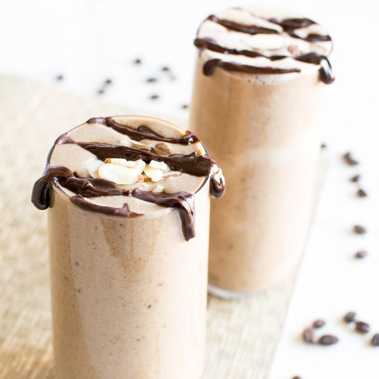 A close view of chocolate mocha protein smoothie in an angle is shown in this image