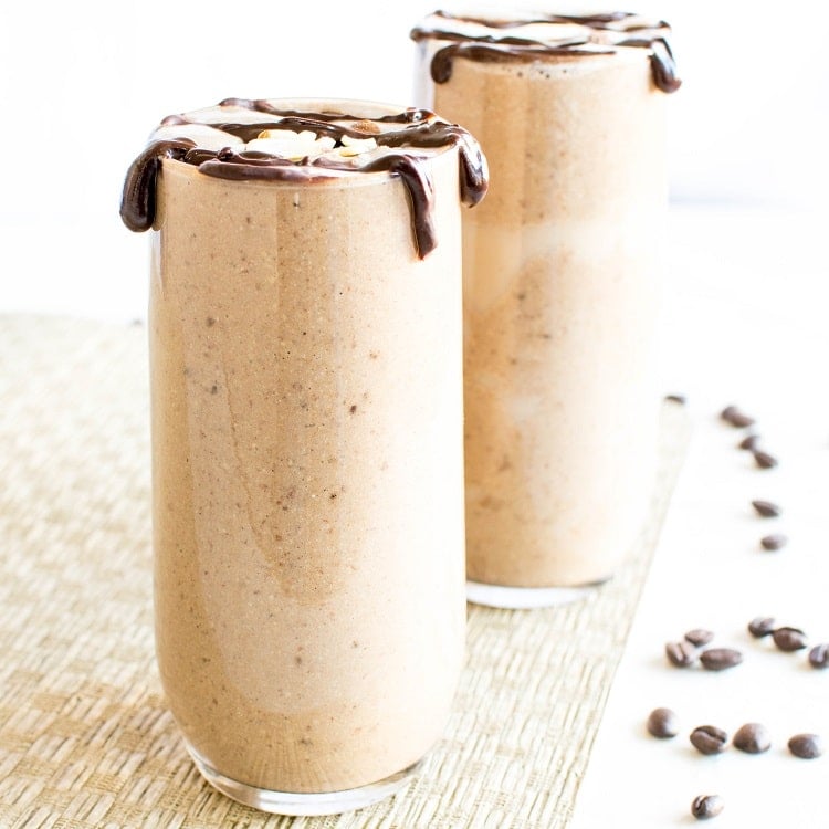 a front view of served vegan chocolate mocha protein smoothie. 