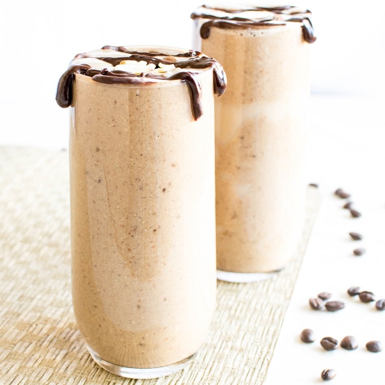 chocolate Mocha Protein Smoothie is shown in tall serving glasses