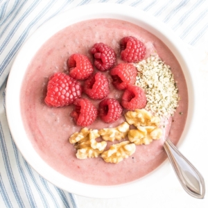A top view of Chia Protein Raspberry Smoothie Bowl is shown