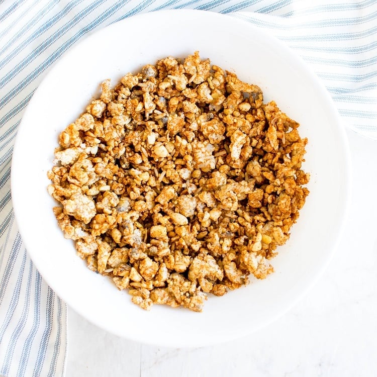 Tempeh mixture in a white mixing bowl