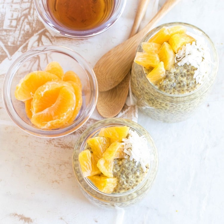 top view of served orange coconut breakfast chia pudding.