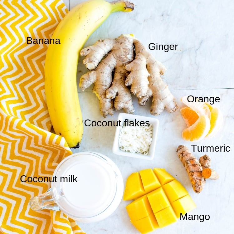 All the ingredients of Tropical Coconut Turmeric Smoothie