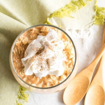 top view of served carrot cake overnight oats in a jar.