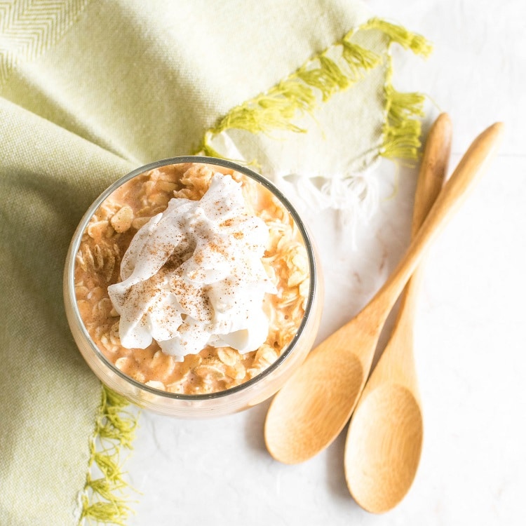 top view of served carrot cake overnight oats in a jar.