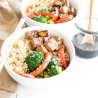 45 degree angle of Teriyaki Tofu Quinoa Power Bowl