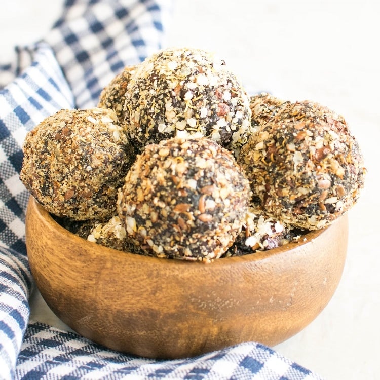 Stacked No Bake Chocolate Quinoa Protein Balls in a bowl