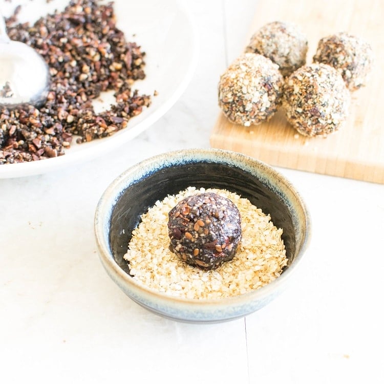 No Bake Chocolate Quinoa Protein Balls rolled in roasted quinoa